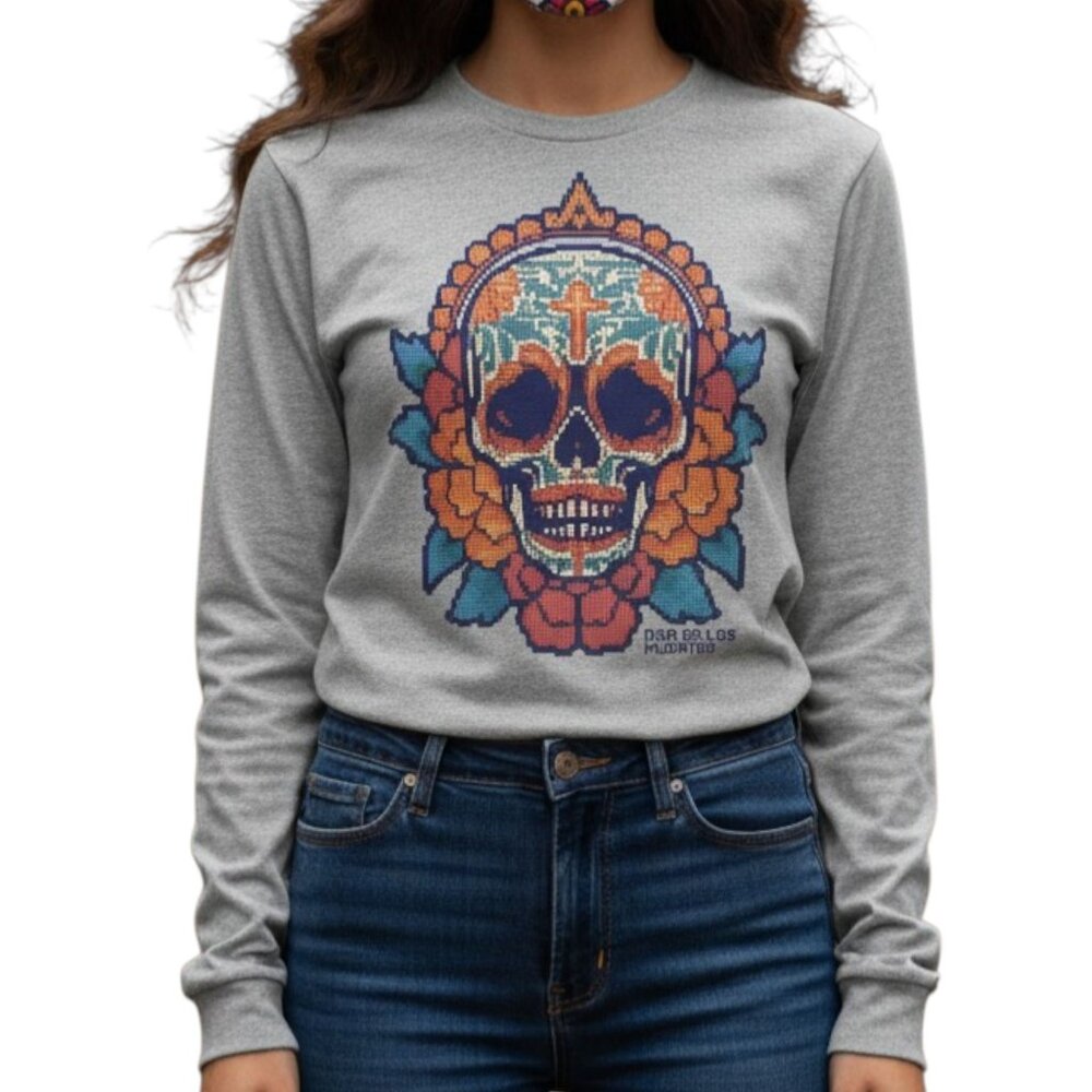 Dia De Los Muertos Women's L Gray Long Sleeve Shirt Colorful Sugar Skull Design